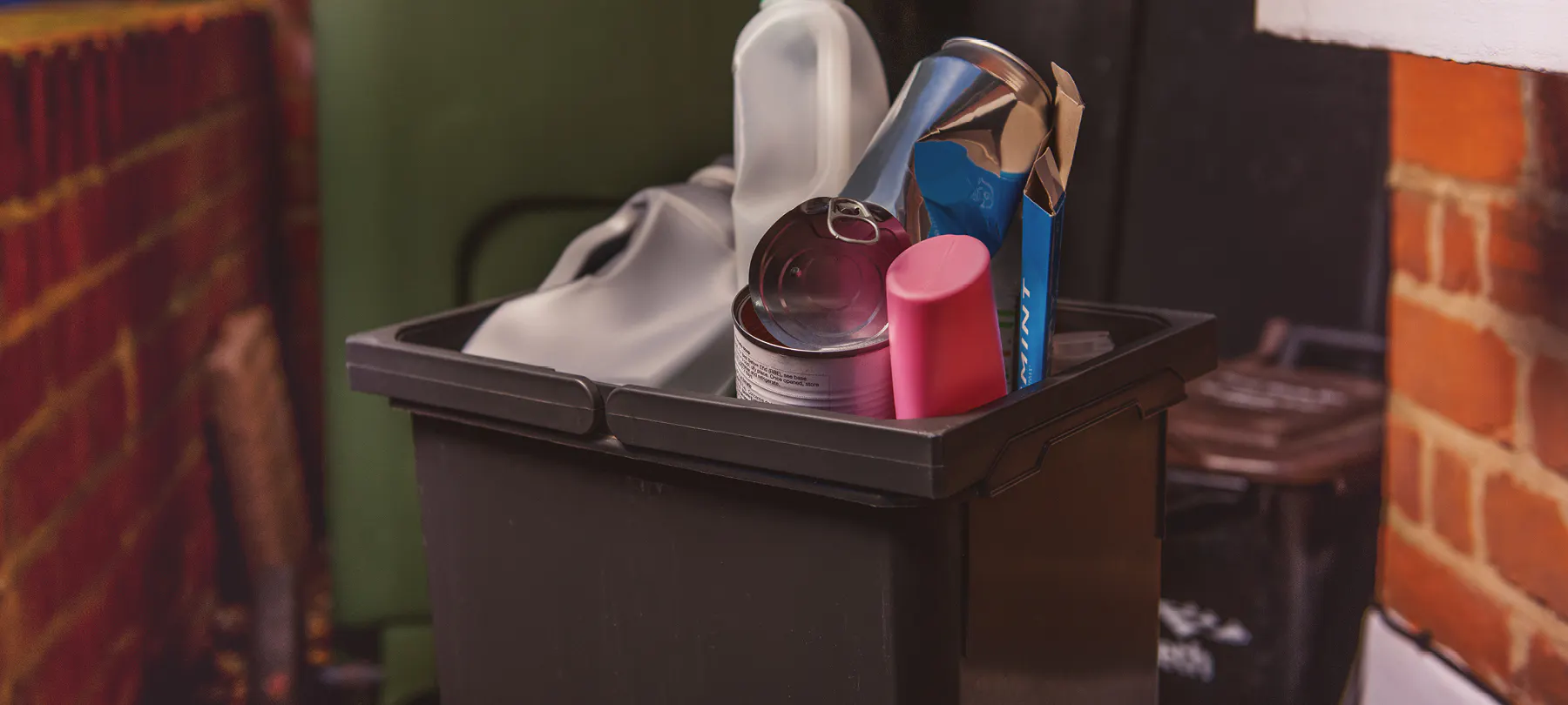 Bin ailgylchu brown ar stepen y drws gan gynnwys deudydd pacio