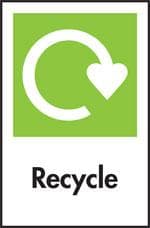 White recycling swoosh on a green background with the word "Recycle" underneath