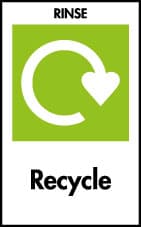 White recycling swoosh on a green background with the word "Recycle" underneath and the word "Rinse" above